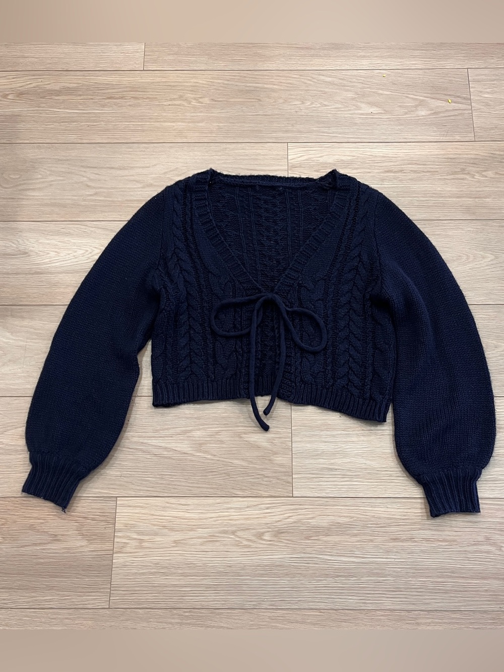 Navy Cable Knit Tie Front Cropped Cardigan Balloon Sleeve Y2K Coquette